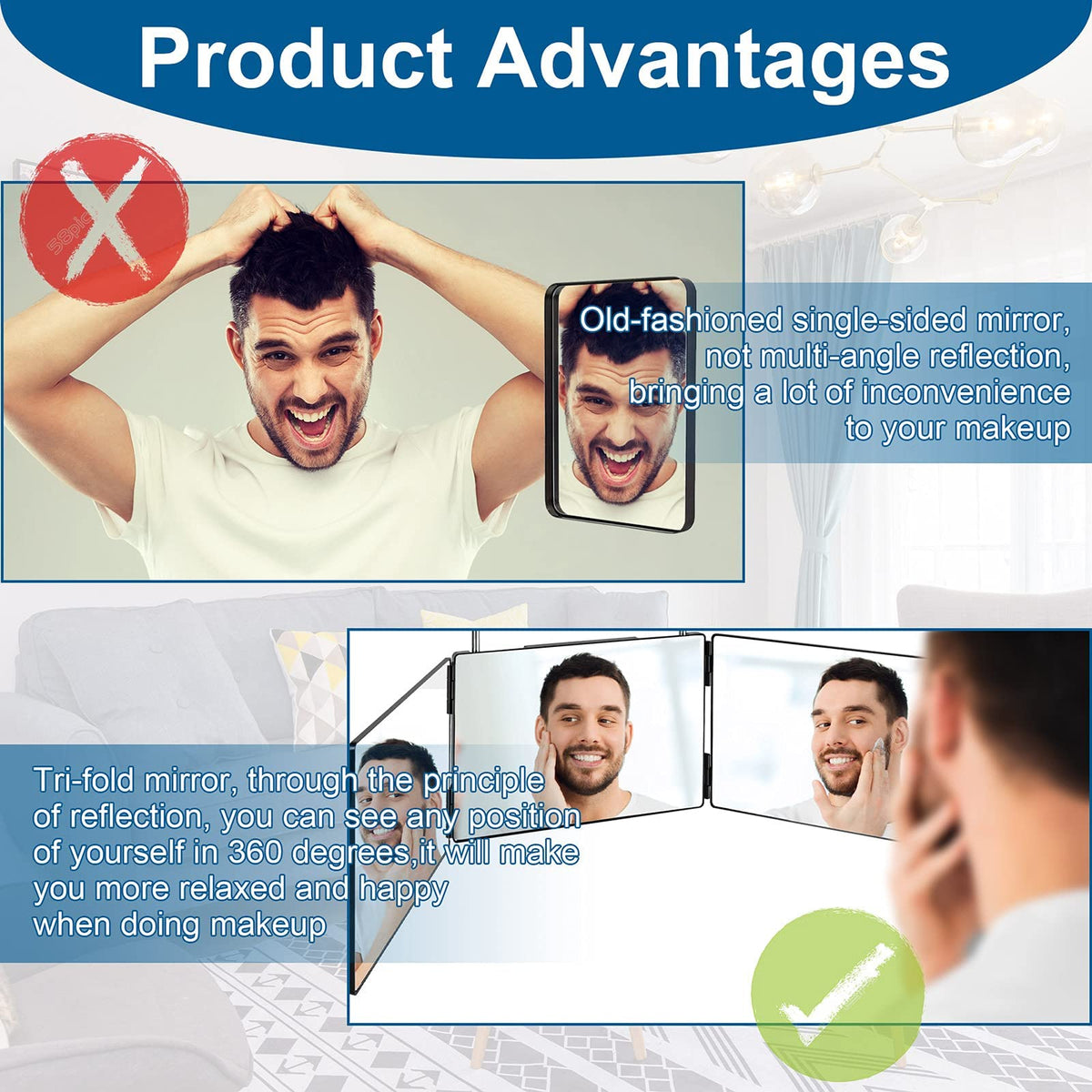 LMZNXCZ 3 Way Mirror with protective film on glass