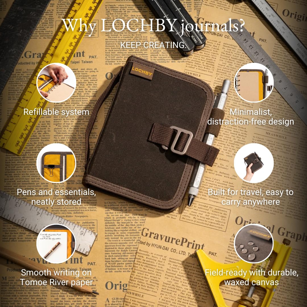LOCHBY Field Binder A7 dimensions displayed on a desk