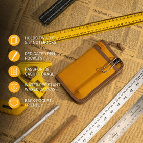 LOCHBY Pocket Journal in a travel setting on a wooden table