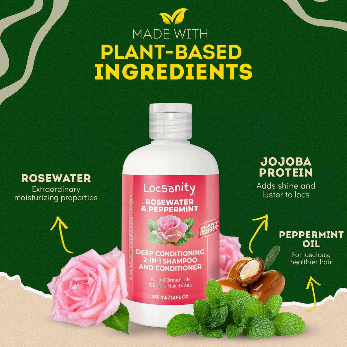 Locsanity 2-in-1 Shampoo and Conditioner bottle with rosewater and peppermint