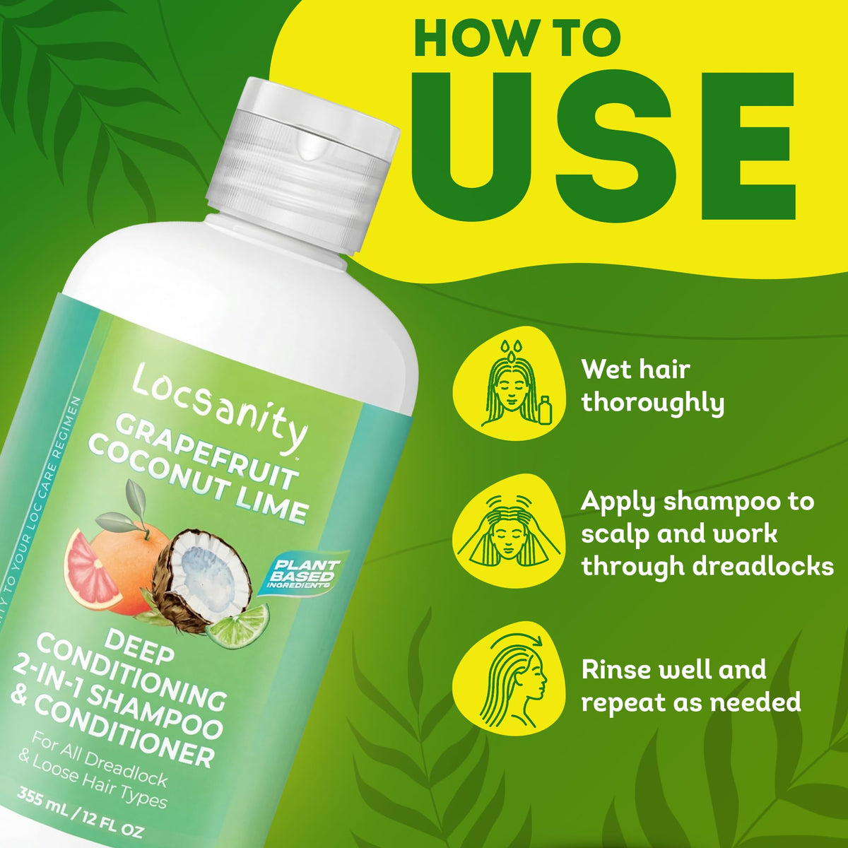Locsanity Grapefruit Coconut & Lime 2-in-1 Loc Shampoo & Conditioner on bathroom shelf