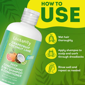 Locsanity Grapefruit Coconut & Lime 2-in-1 Loc Shampoo & Conditioner on bathroom shelf