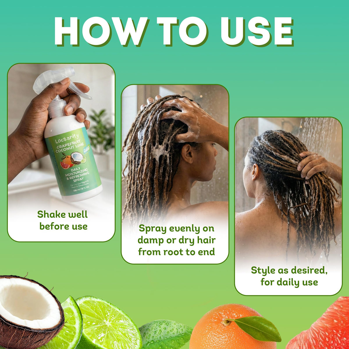 Locsanity Grapefruit Coconut Lime Spray on a bathroom shelf