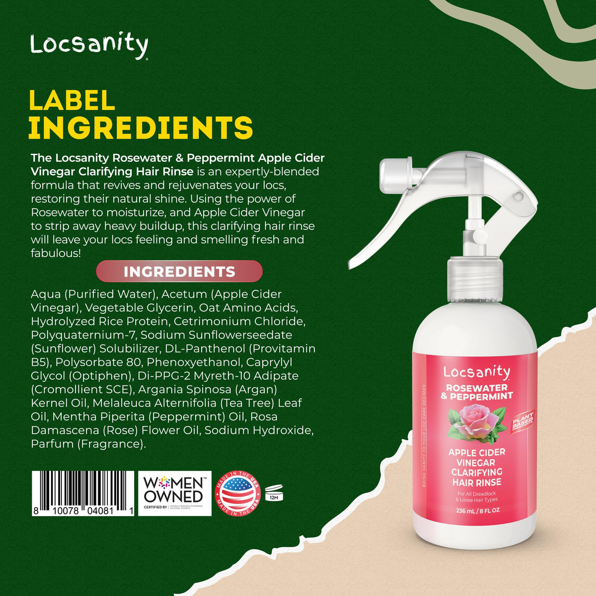 Locsanity hair rinse bottle with label details