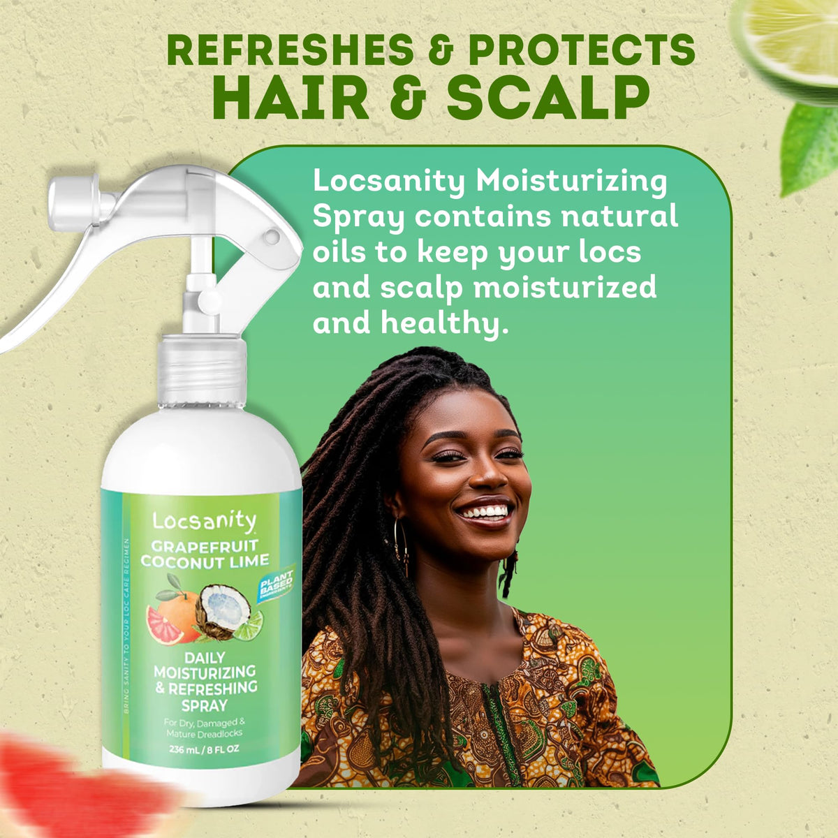 Locsanity Moisturizing Spray with tropical fruits background