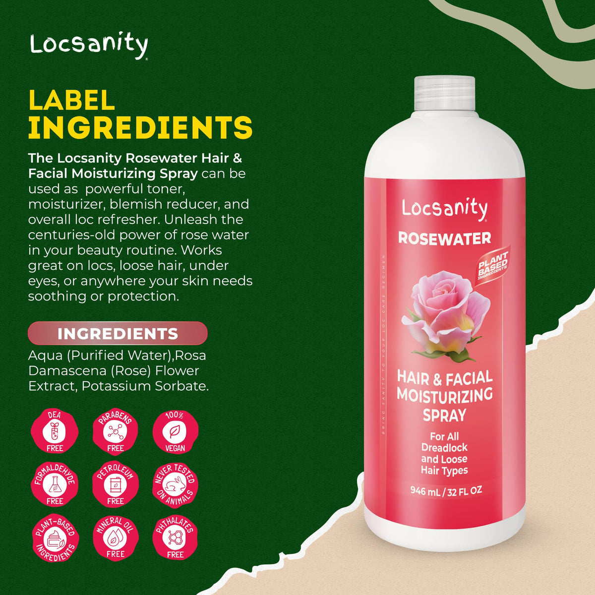 Locsanity Pure Rosewater Hair and Facial Spray 32oz close-up of bottle