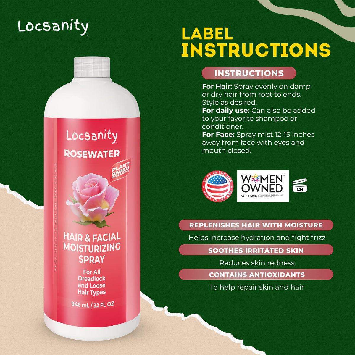 Locsanity Pure Rosewater Hair and Facial Spray 32oz used on hair