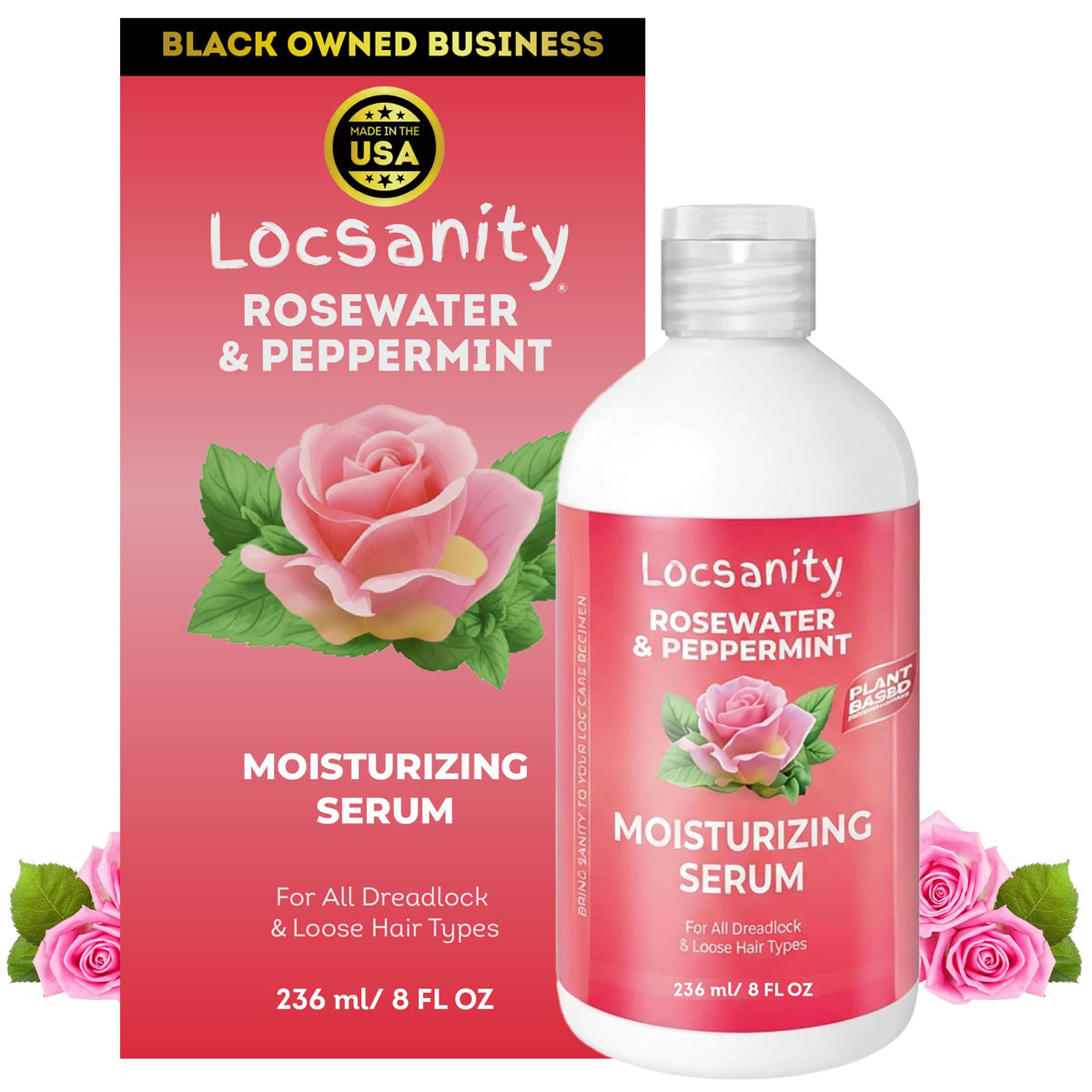 Locsanity Rosewater Peppermint Serum front view with packaging