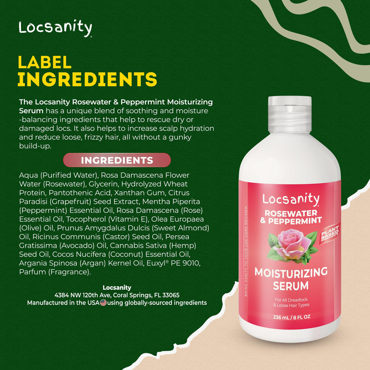 Locsanity Rosewater Peppermint Serum surrounded by flowers