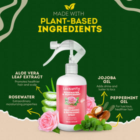 Locsanity spray bottle with rosewater and peppermint ingredients
