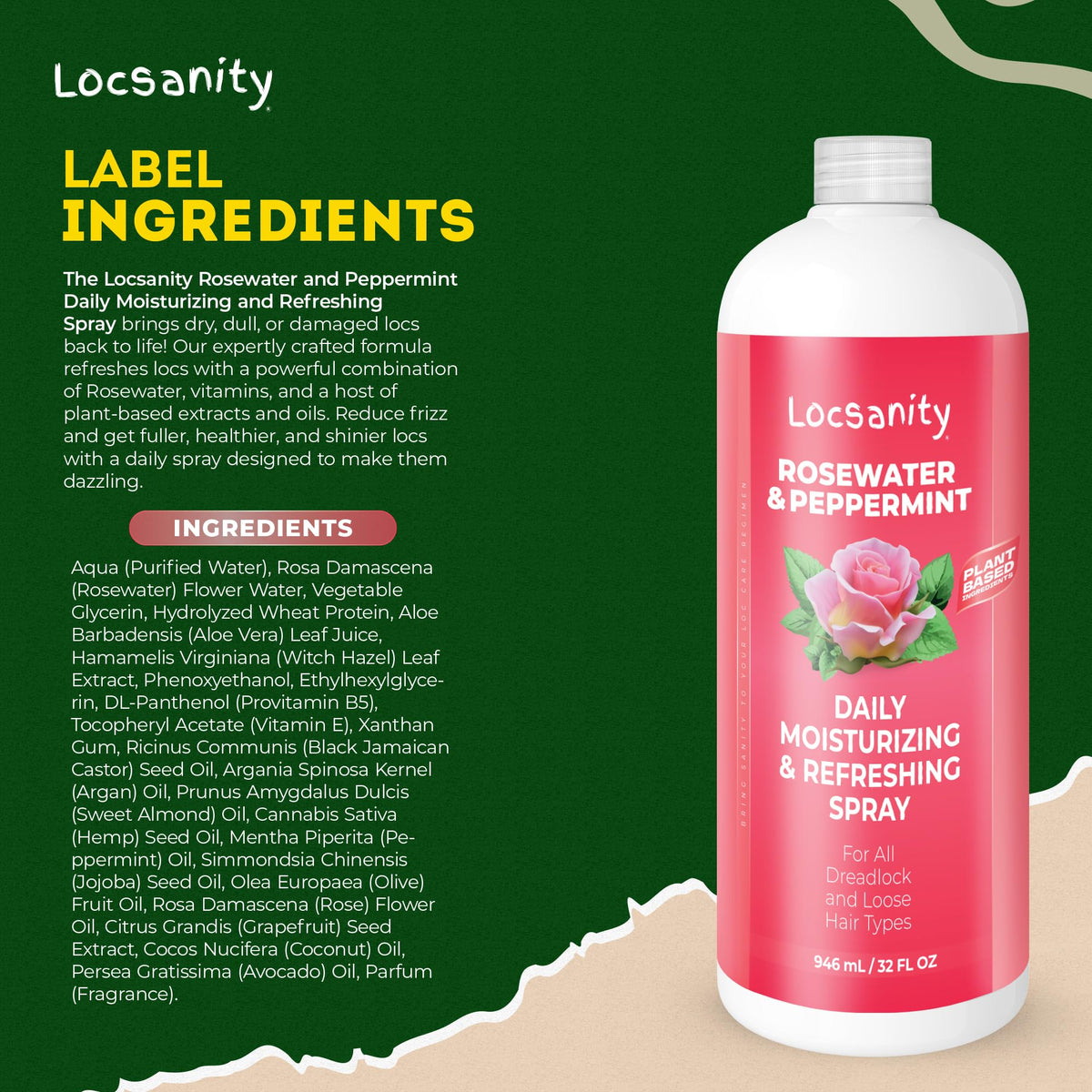 Locsanity spray in a bathroom setting next to hair care products