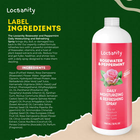 Locsanity spray in a bathroom setting next to hair care products