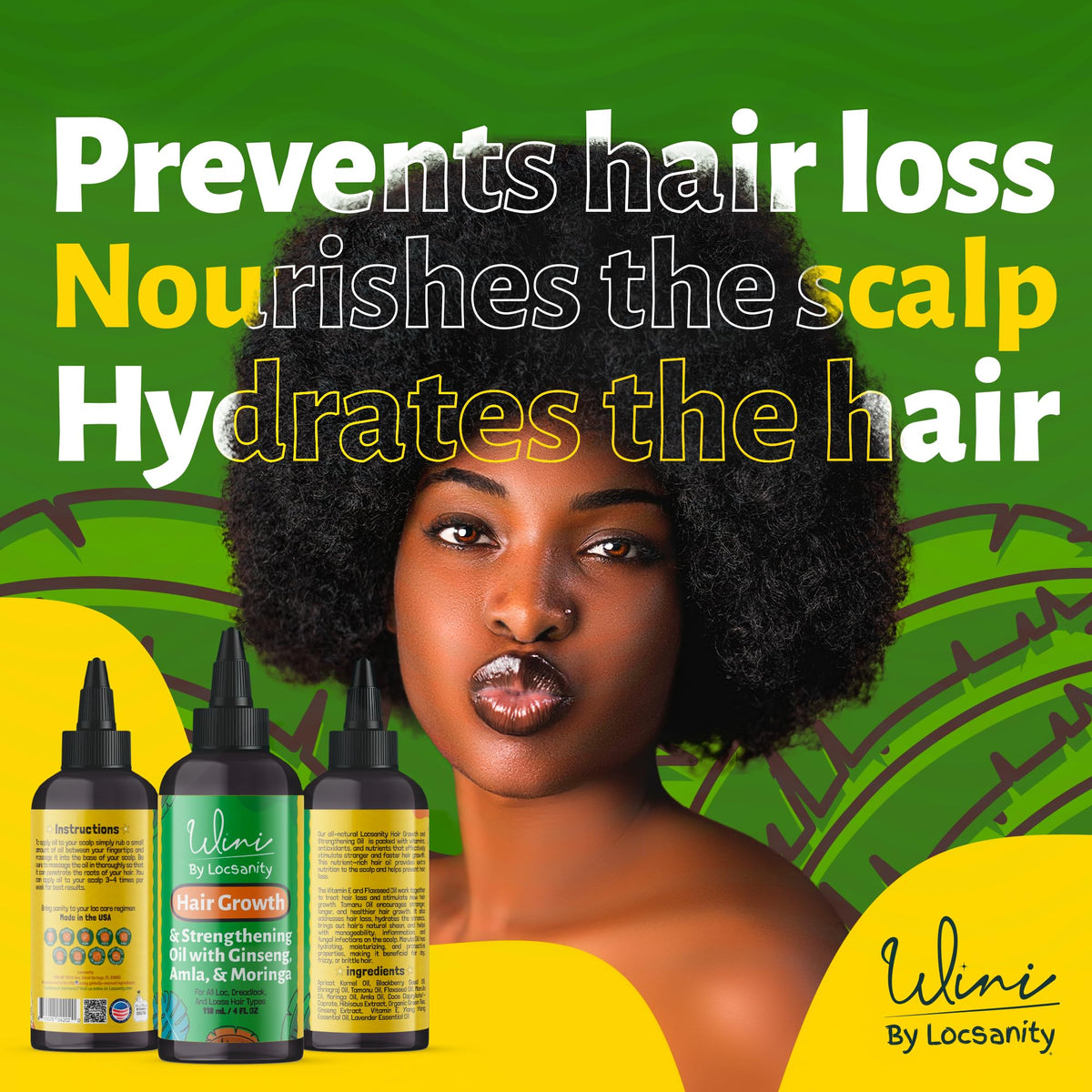 Locsanity Wini Hair Growth Oil 4 oz lifestyle scene with hair care products