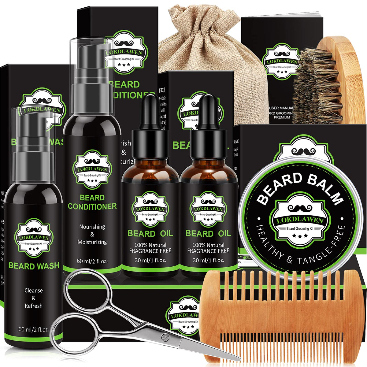 LOKDLAWEN Beard Kit contents including wash, conditioner, oils, balm, and tools