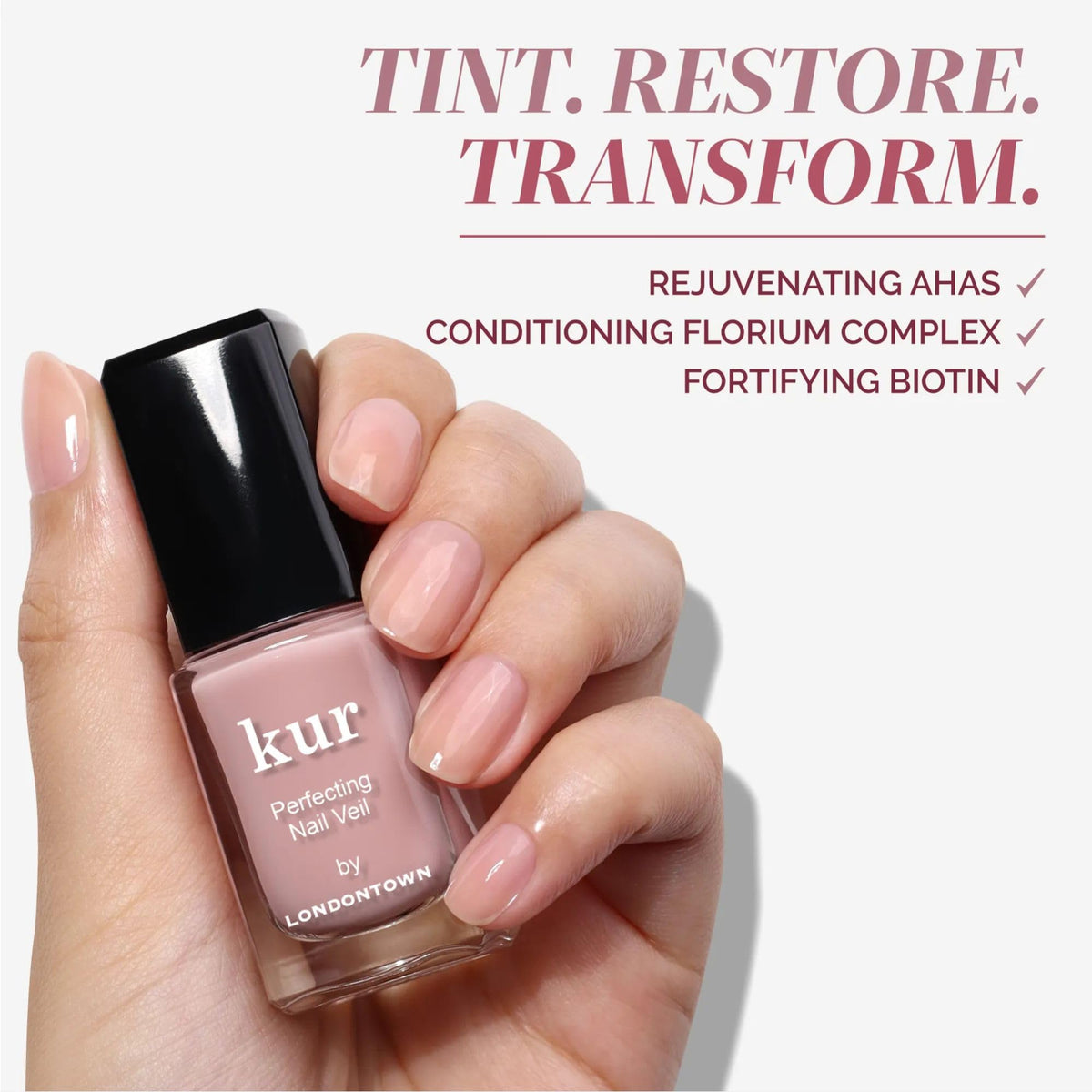 LONDONTOWN kur Perfecting Nail Veil Dusty Rose Tint in natural light