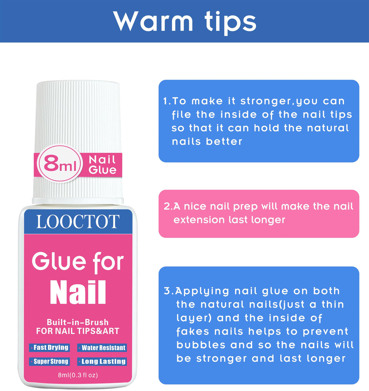 LOOCTOT Super Strong Nail Glue on a vanity with nail tools
