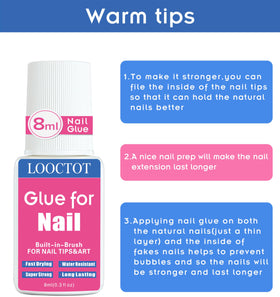 LOOCTOT Super Strong Nail Glue on a vanity with nail tools