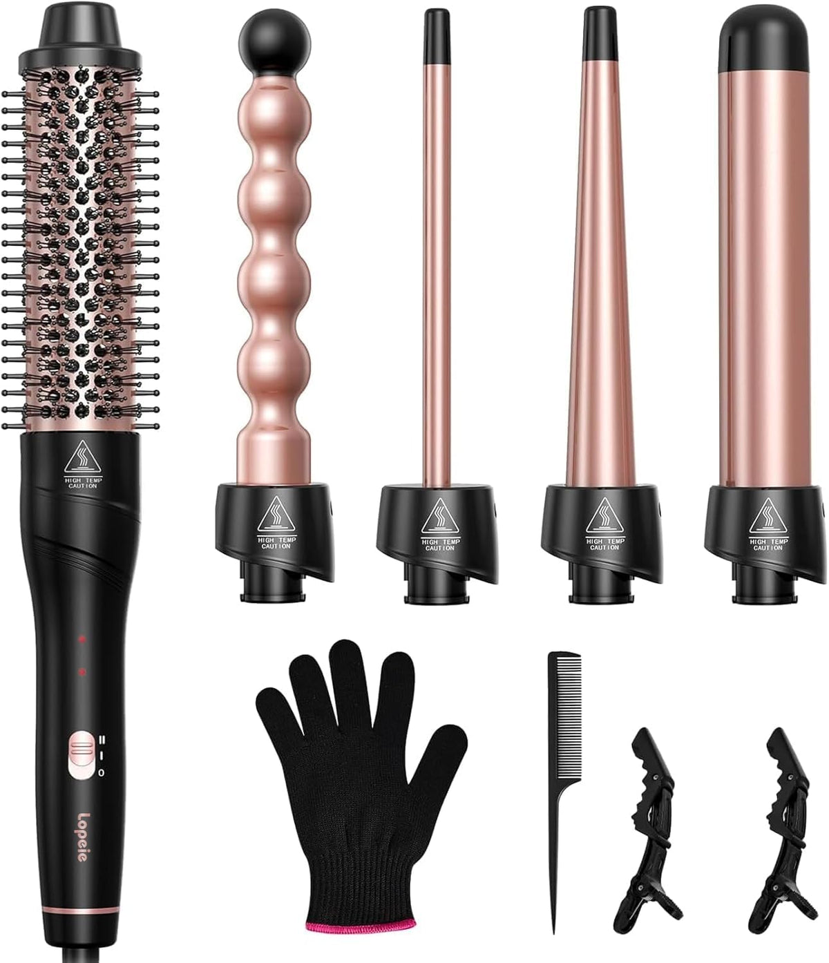 Lopeie 5-in-1 Curling Wand Set with all attachments displayed