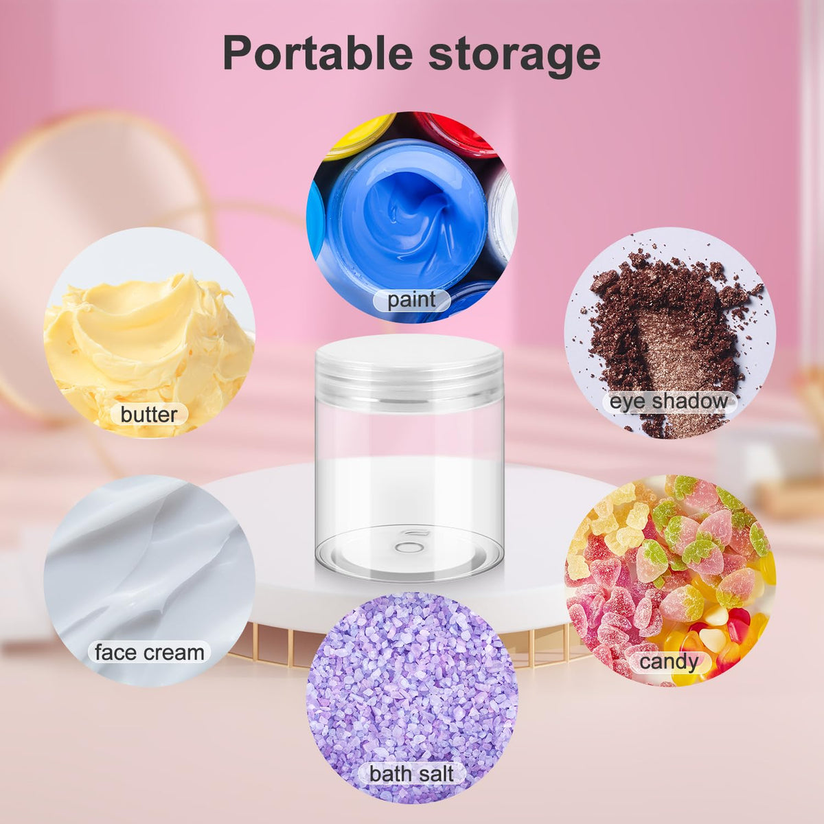Loretoy plastic jars filled with lotion and powder