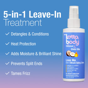 Lottabody Love Me 5-n-1 Leave-In on a bathroom shelf
