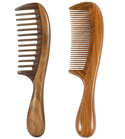 Louise Maelys wooden hair combs front view showing wide and fine tooth designs