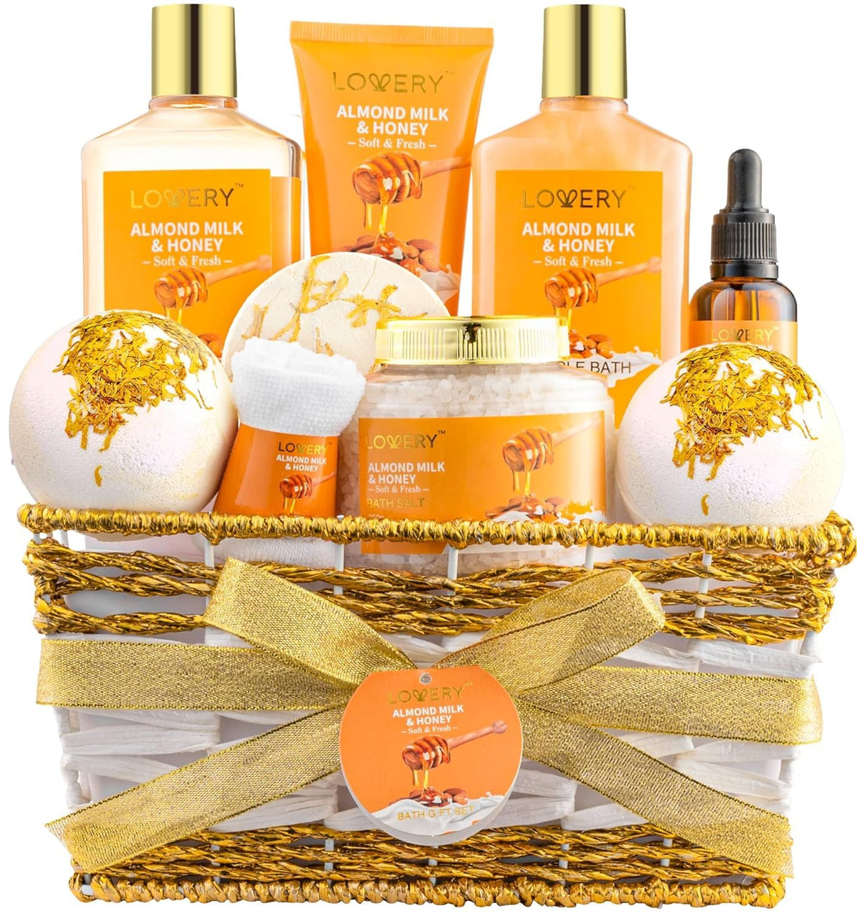 LOVERY 10 Pc Almond Milk & Honey Spa Set in handmade basket