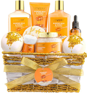 LOVERY 10 Pc Almond Milk & Honey Spa Set in handmade basket
