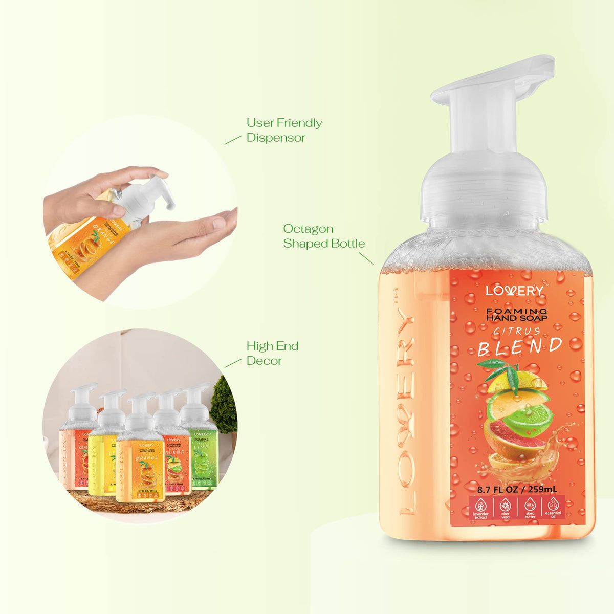LOVERY Foaming Hand Soap Citrus Blend bottle side view