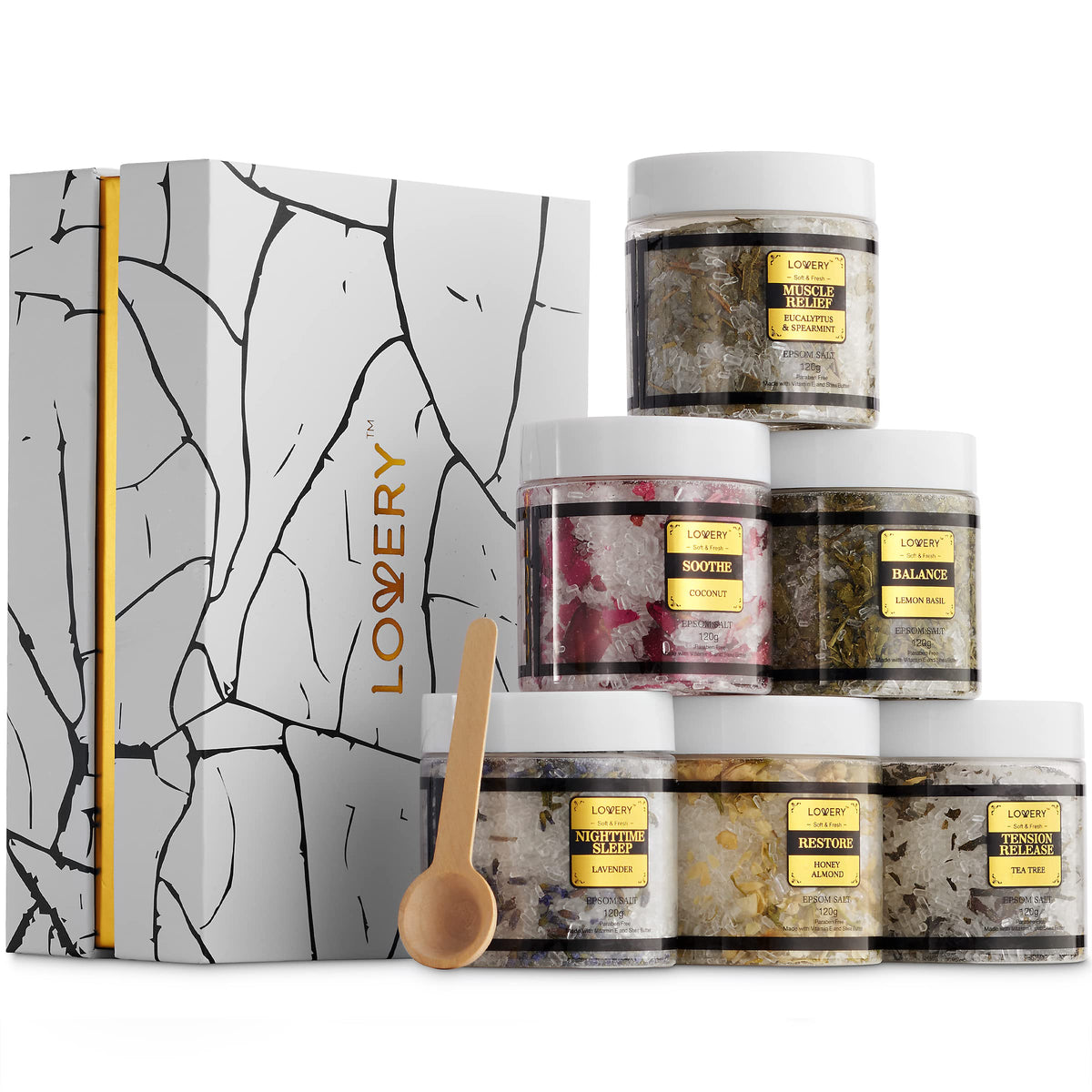 LOVERY Spa Gift Basket with Epsom Bath Salts in marble and gold box