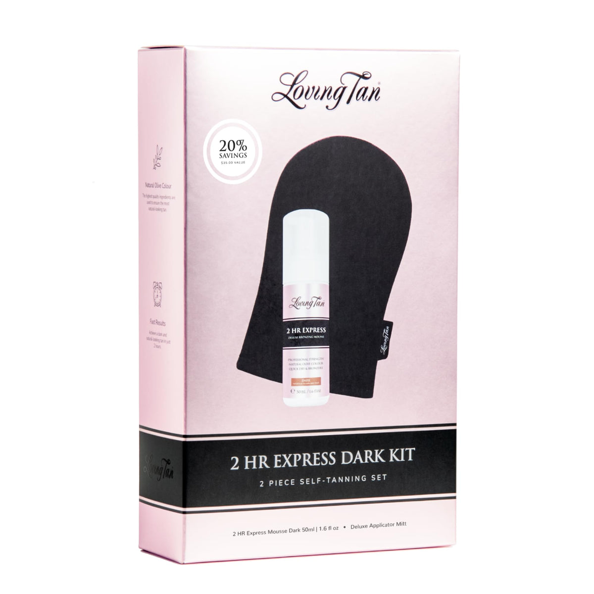 Loving Tan 2 HR Express Self Tanner Mousse Mini Kit Dark on a vanity