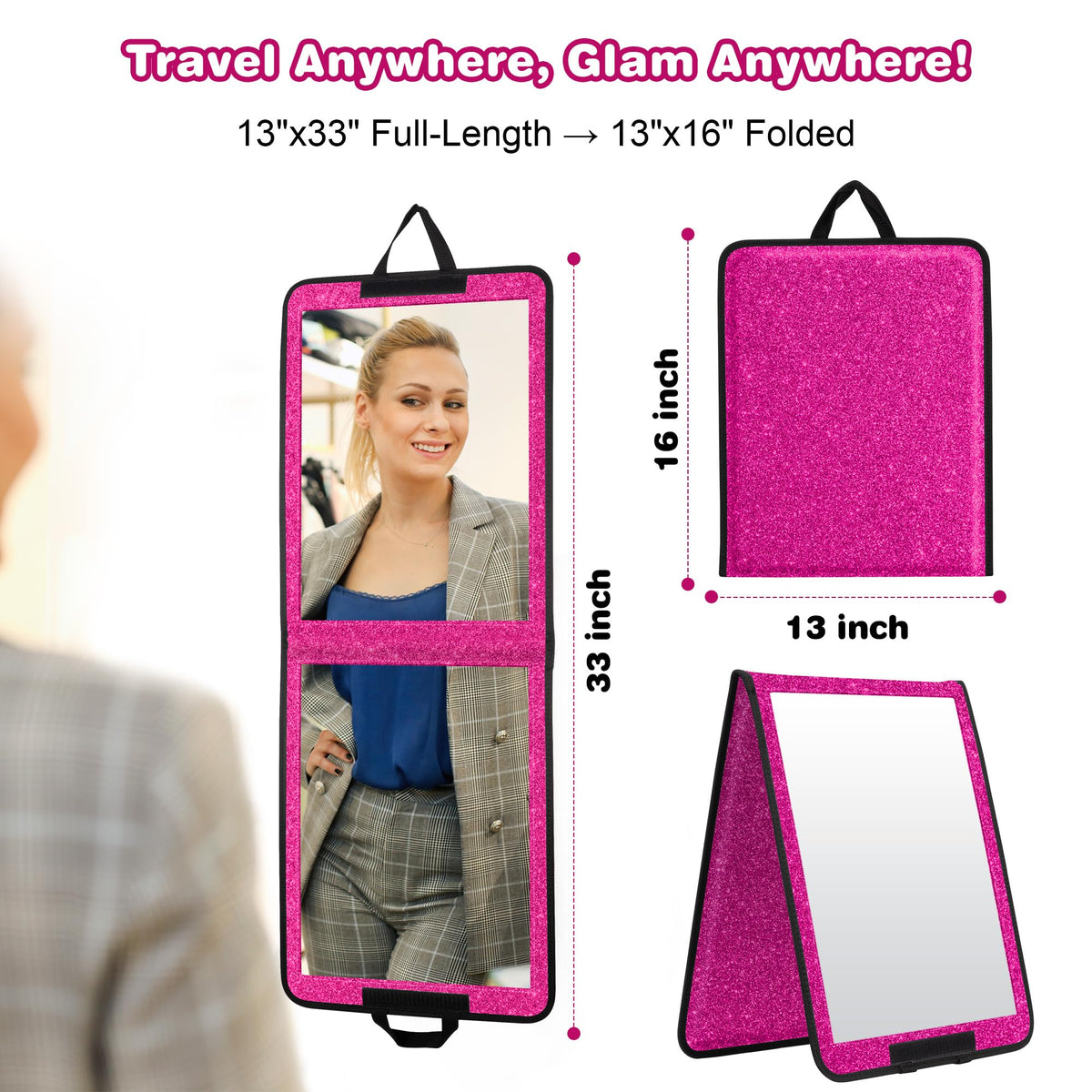 LPHUMEX Sparkle Folding Mirror 13x33 folded view for easy packing