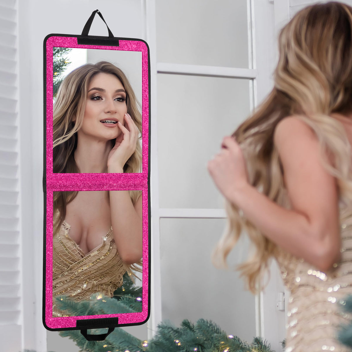 LPHUMEX Sparkle Folding Mirror 13x33 open view with pink finish