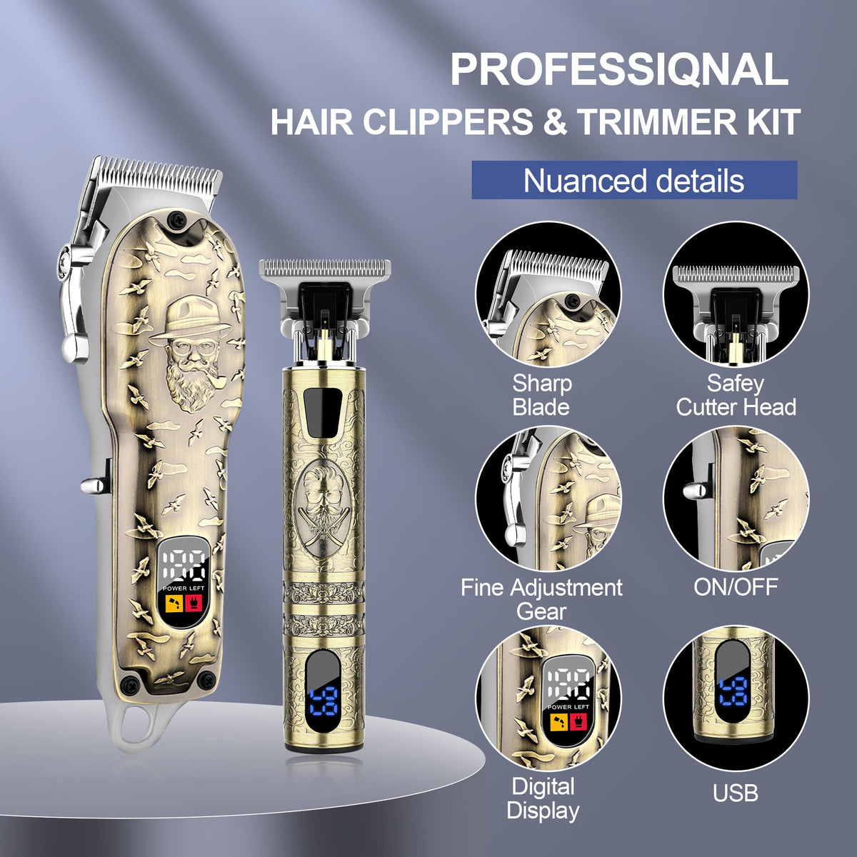 LQT Hair Clipper with LED display and metal body design