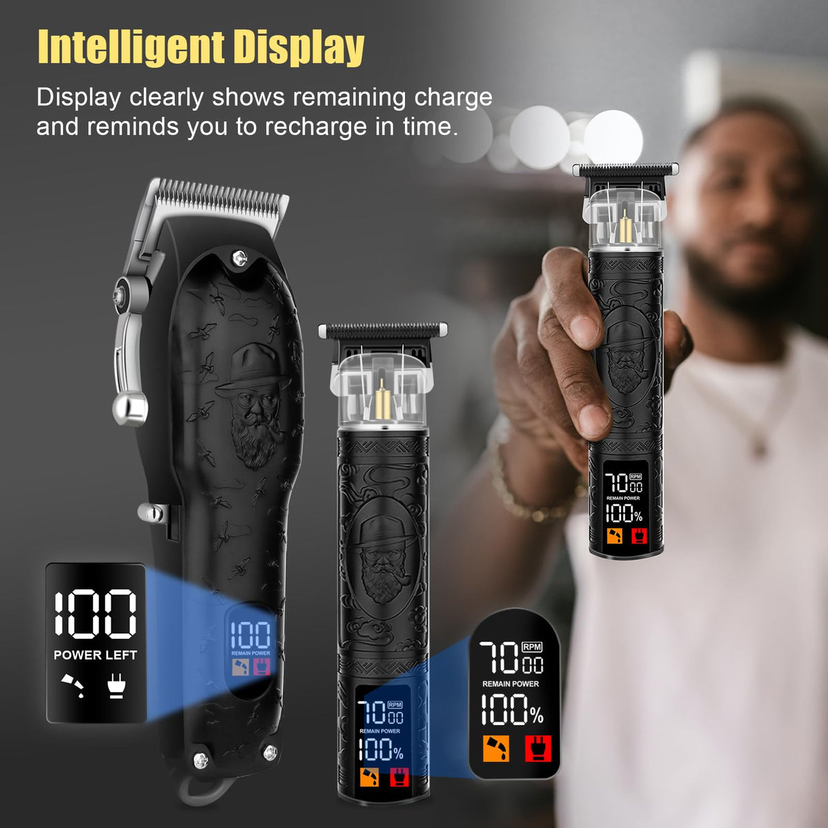 LQT T-blade trimmer with guide combs displayed