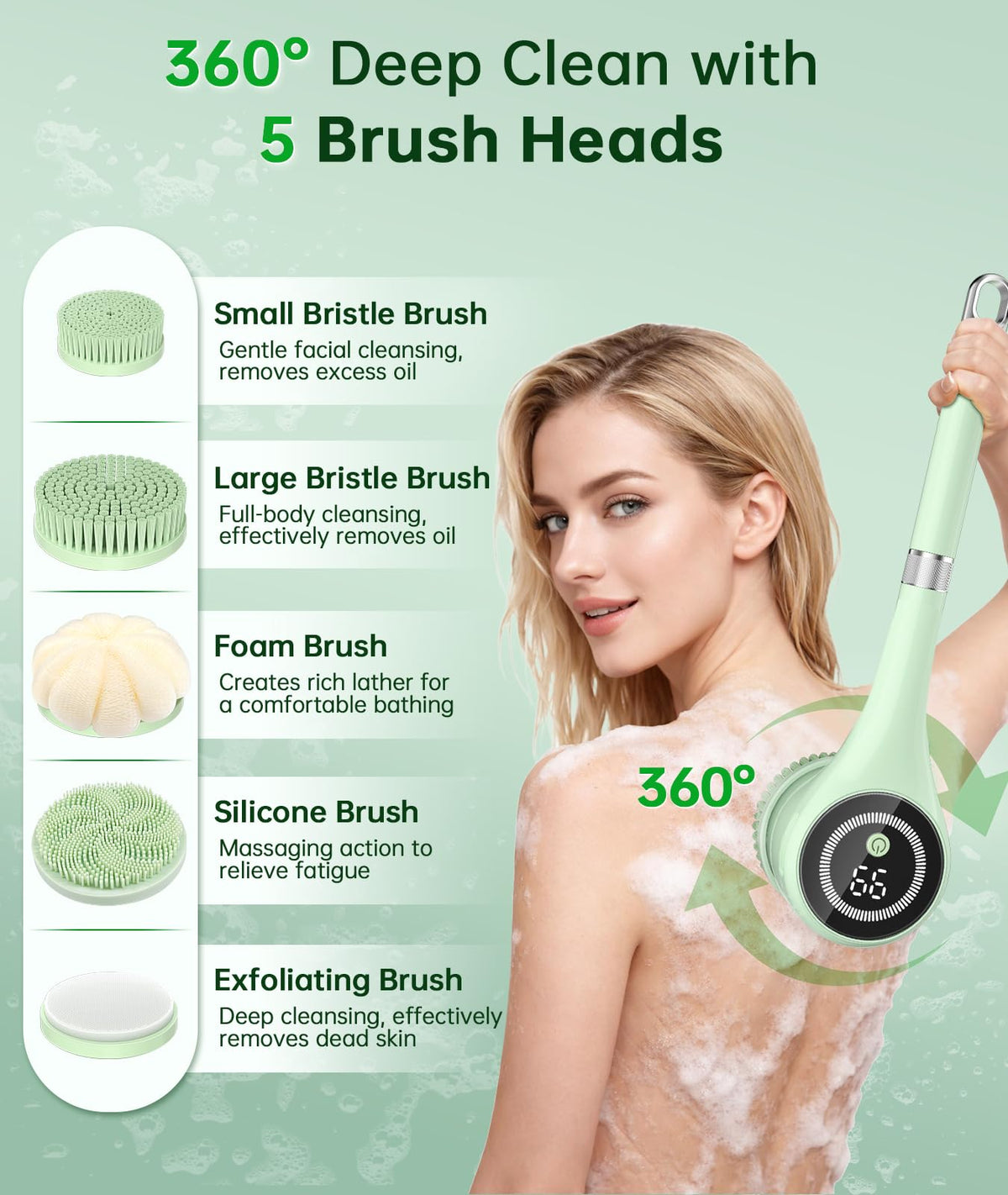 LUBEJR Electric Body Brush with 5 brush heads displayed