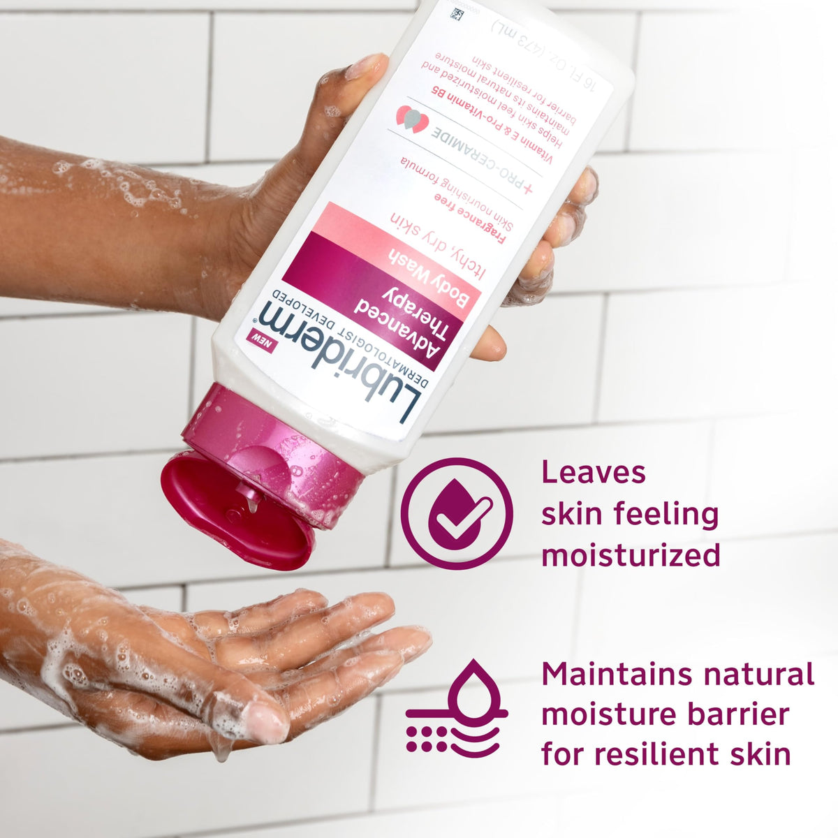 Lubriderm Advanced Therapy Body Wash back view with ingredient details
