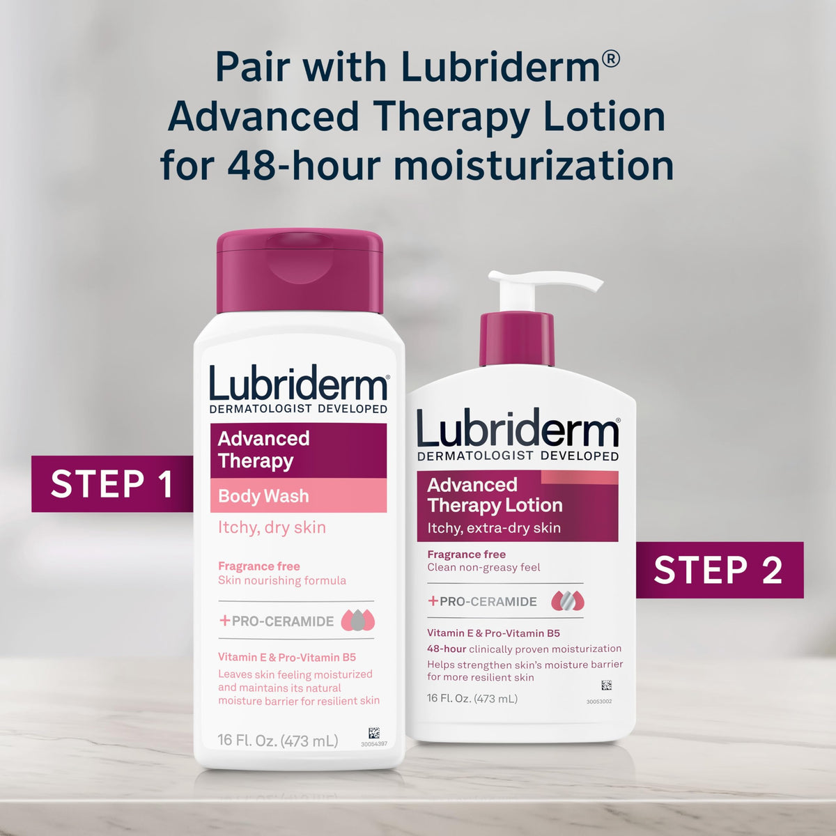 Lubriderm Advanced Therapy Body Wash with washcloth and water