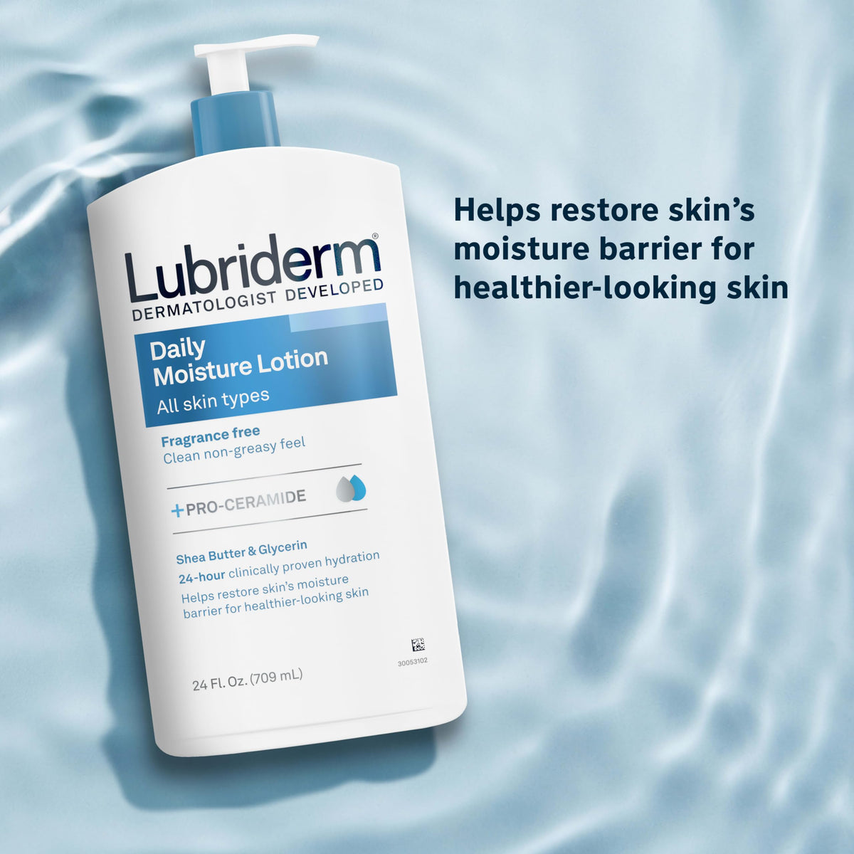 Lubriderm Daily Moisture Body Lotion side view showing pump dispenser