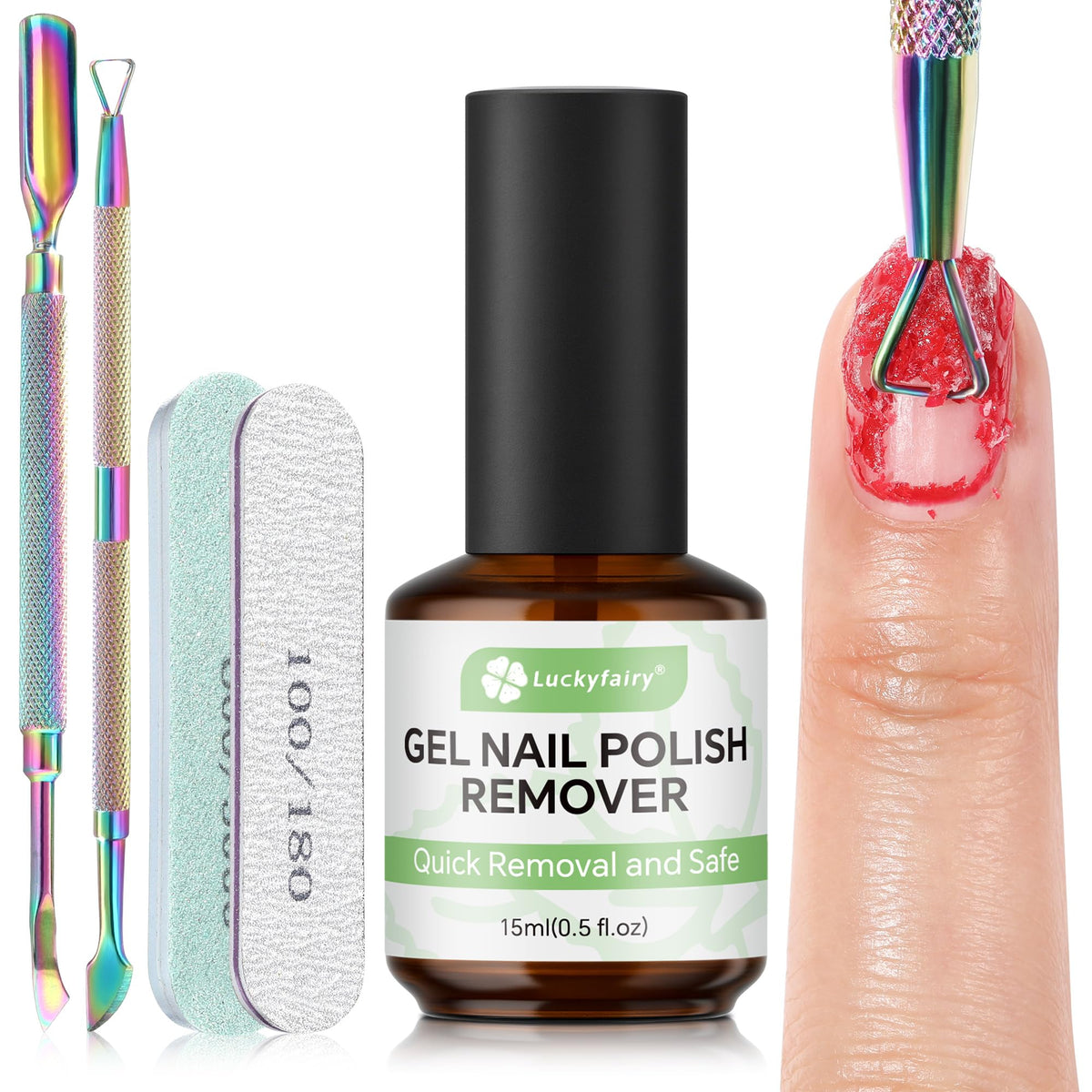 Luckyfairy Gel Nail Polish Remover Kit including 15ml remover and tools