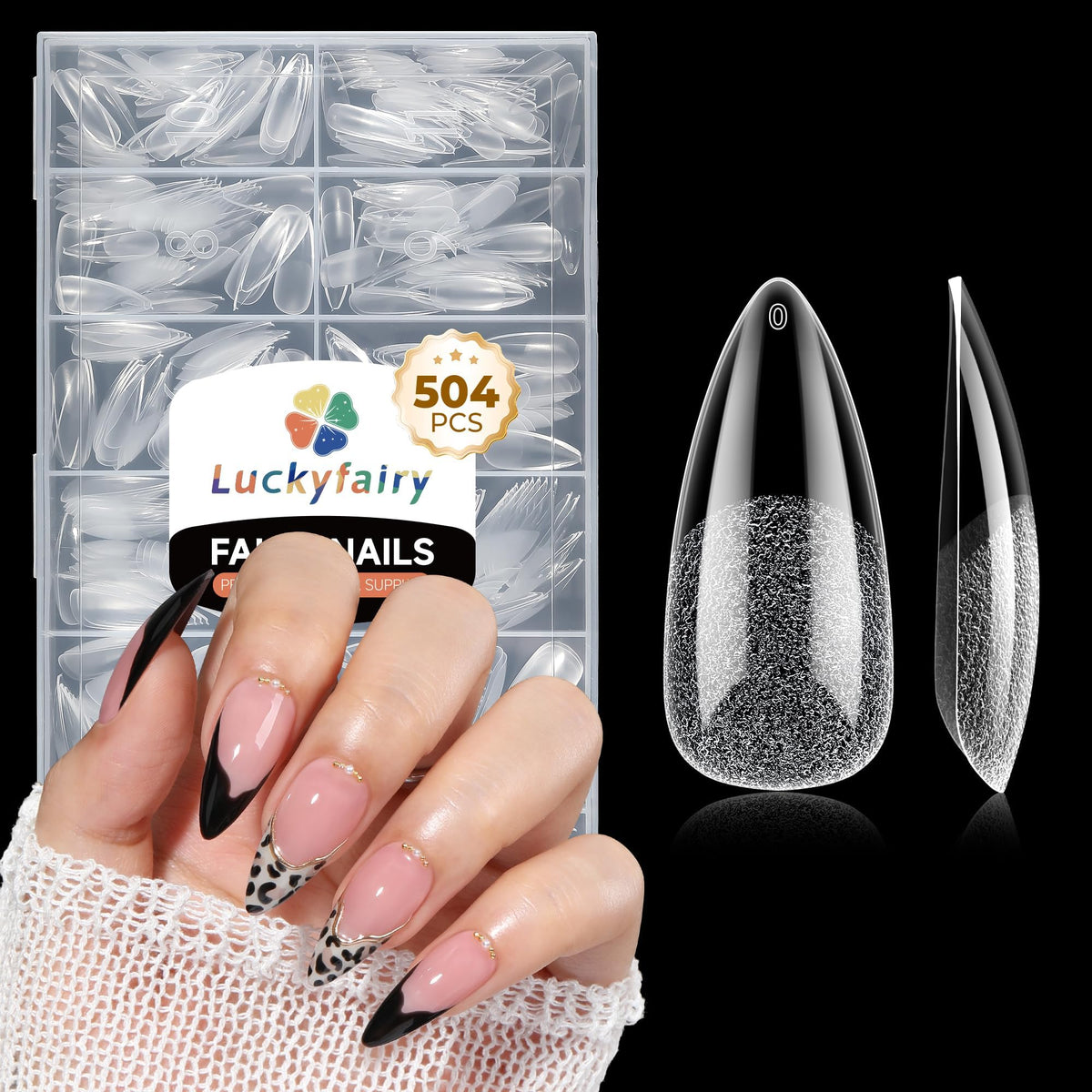 Luckyfairy Medium Stiletto Nail Tips 504Pcs clear nails in storage box