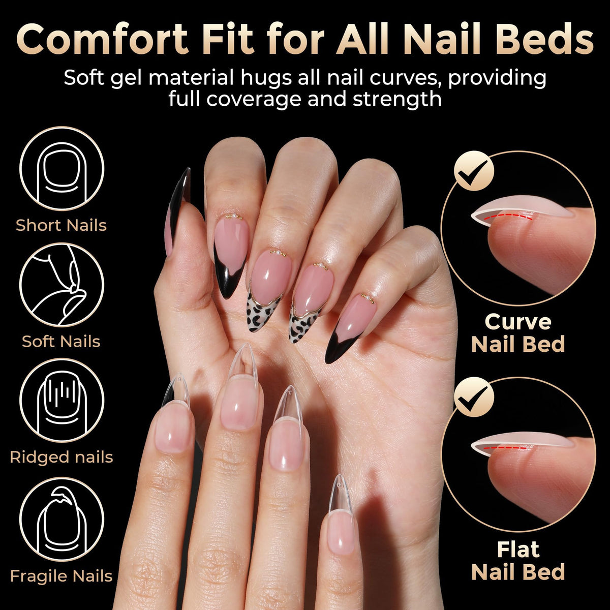Luckyfairy Medium Stiletto Nail Tips displayed with various sizes