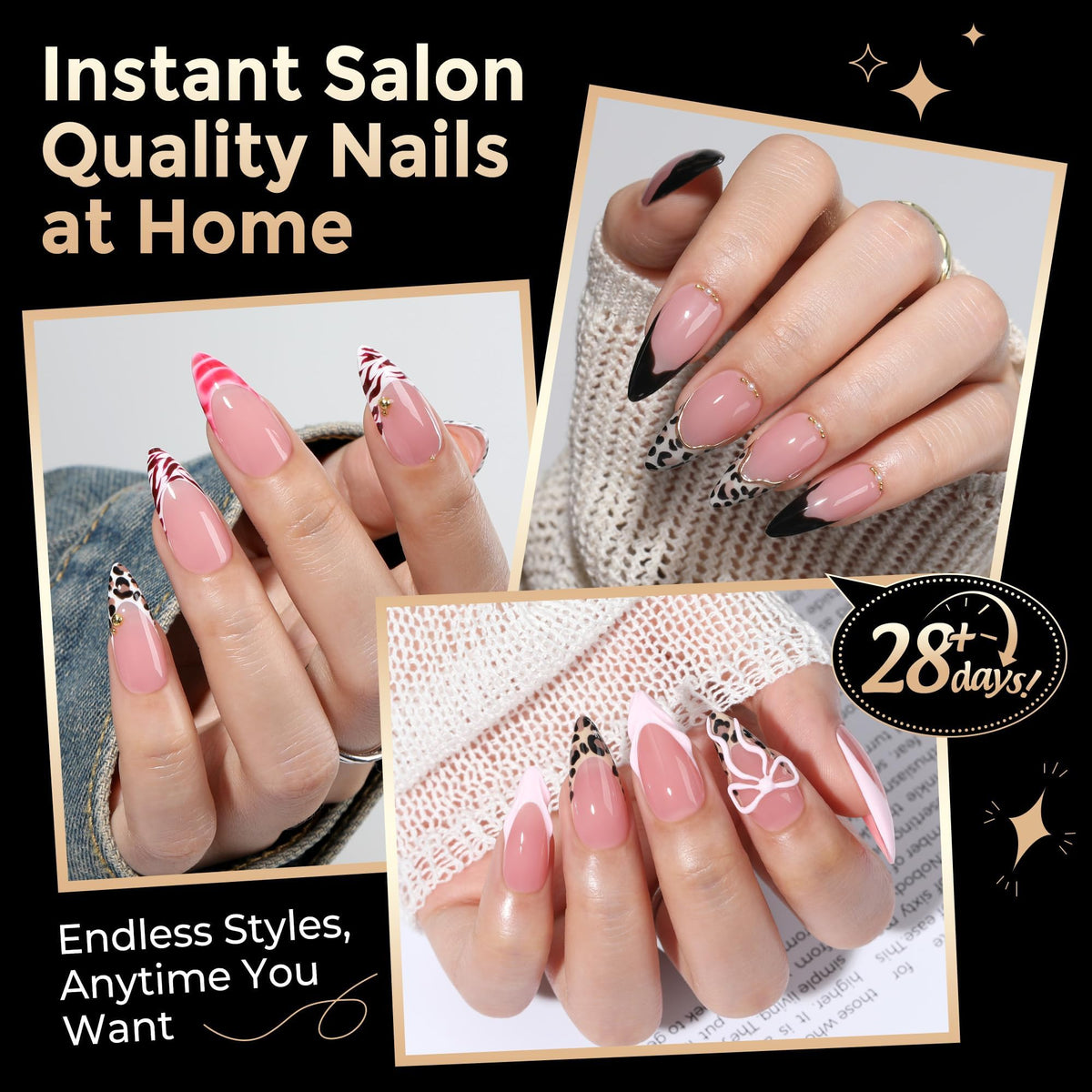 Luckyfairy Medium Stiletto Nail Tips on a hand for demonstration