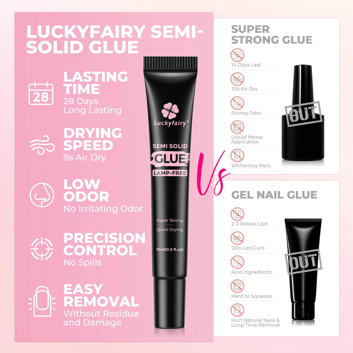 Luckyfairy Nail Glue for Press Ons with non-yellowing formula