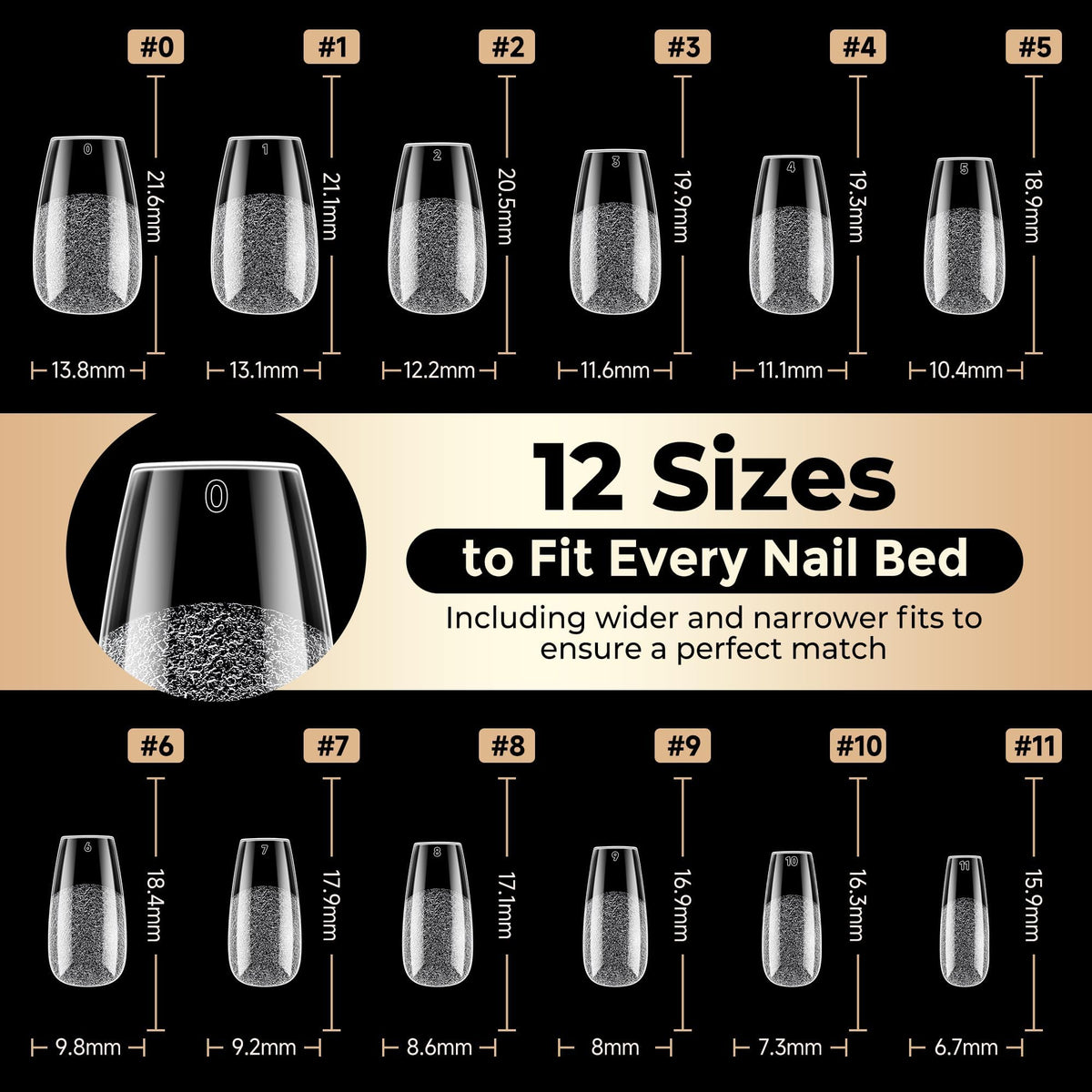 Luckyfairy Short Coffin Nails Tips arranged by size