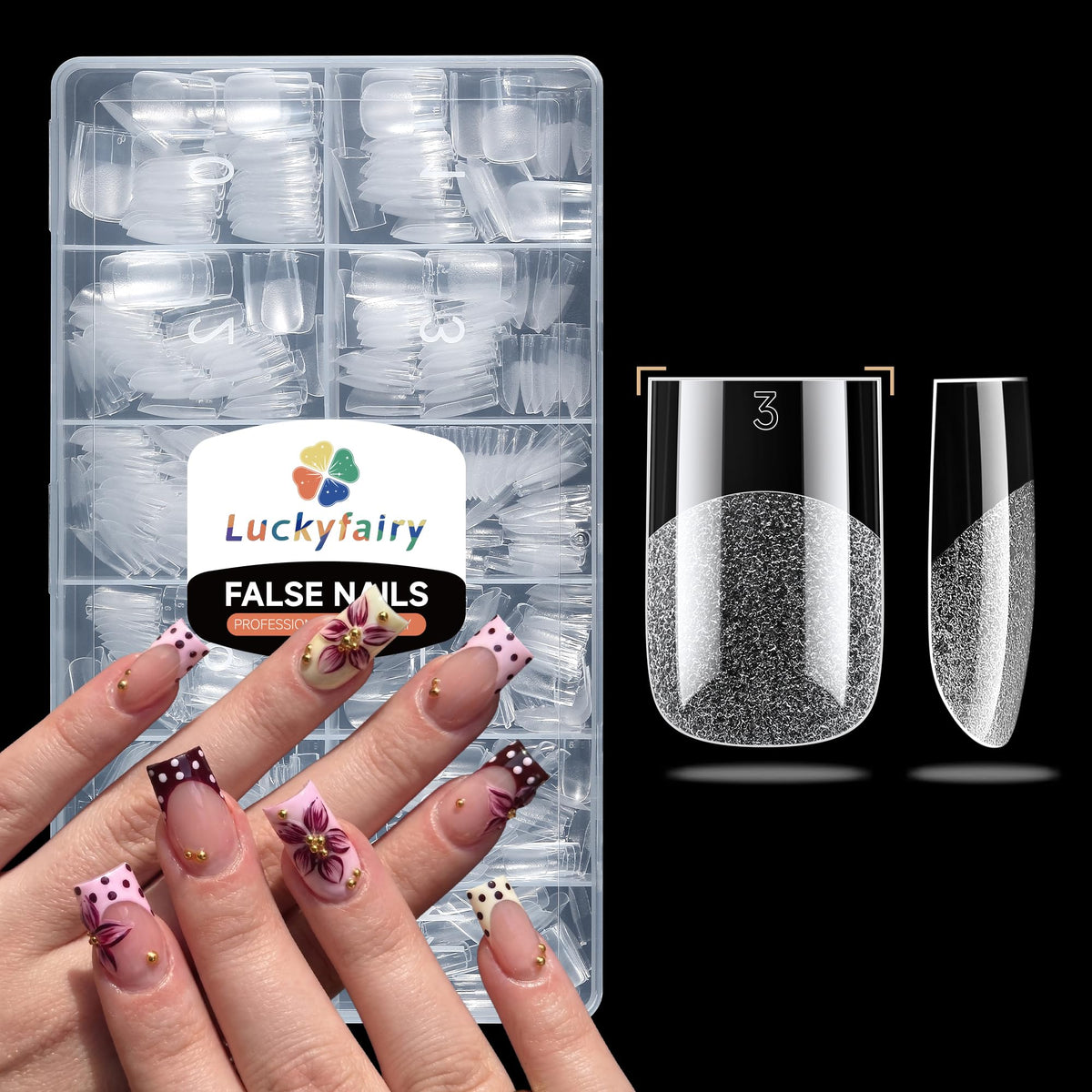 Luckyfairy Short Square Nail Tips 504Pcs assorted sizes in packaging