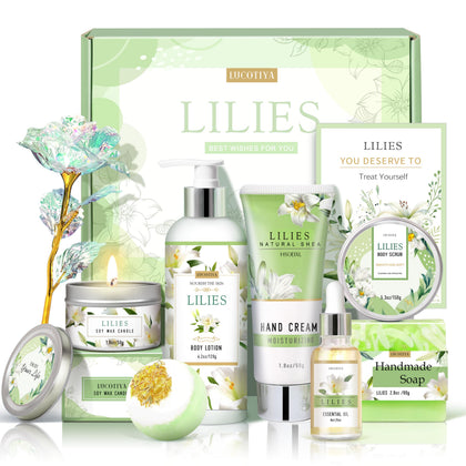 LUCOTIYA Lilies Self Care Set gift basket with products displayed
