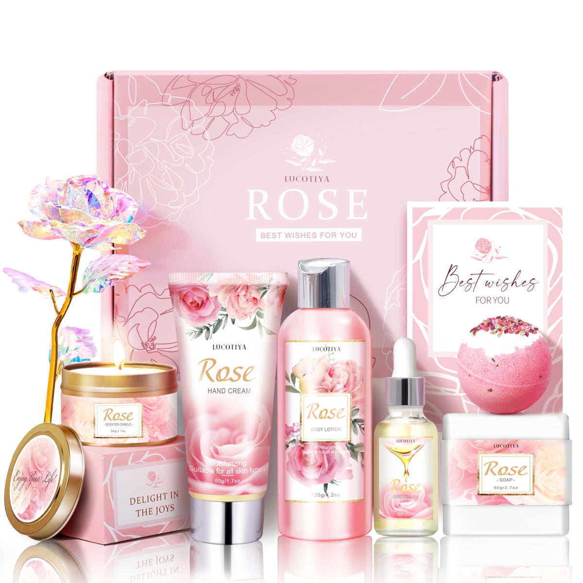 LUCOTIYA Rose Self Care Gift Set with essential oil and candle