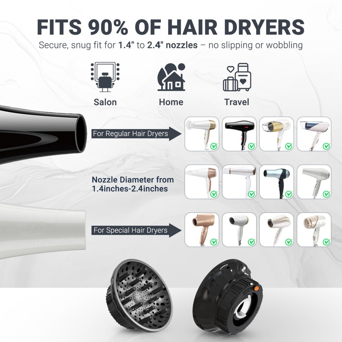 Ludvento Universal Hair Diffuser side view with flexible silicone adapter
