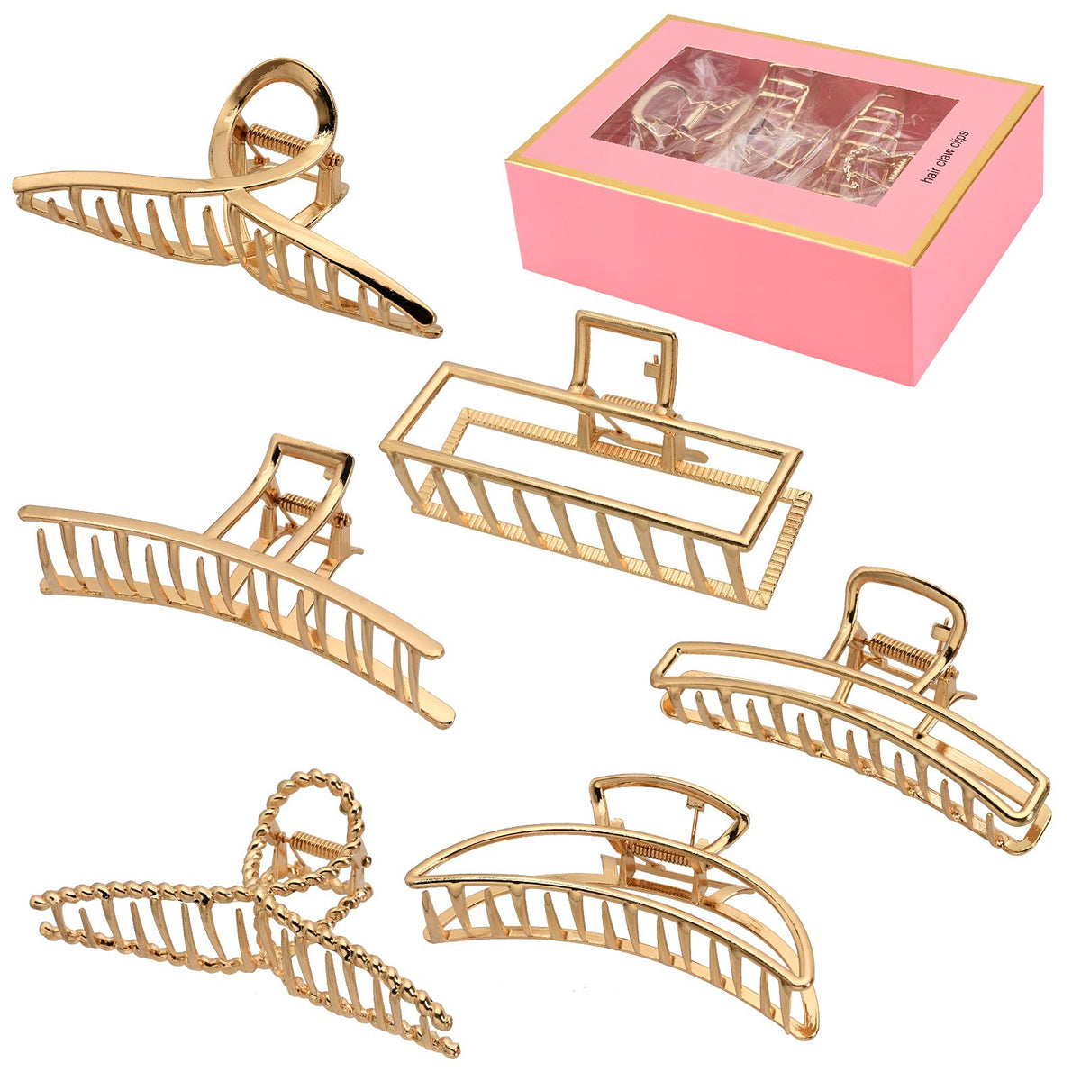 LUKACY 6 Pack Gold Metal Hair Clips assorted styles front view