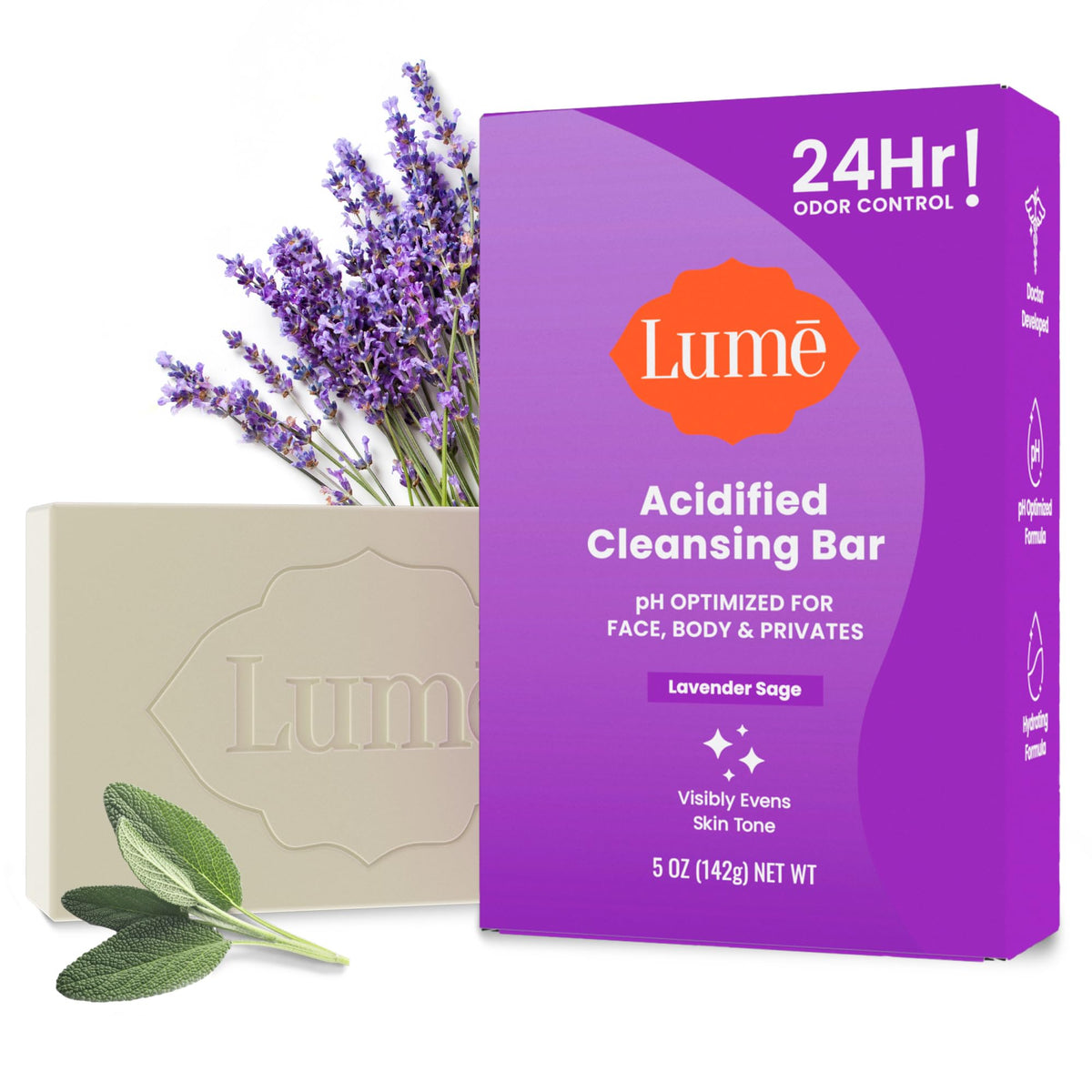 Lume Acidified Body Cleansing Bar 5oz in lavender packaging